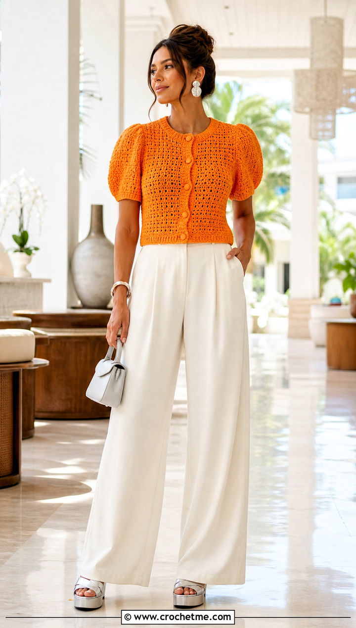 Short Sleeve Puffy Crochet Cardigan With Palazzo Pants - 30 puffy crochet cardigan outfit ideas
