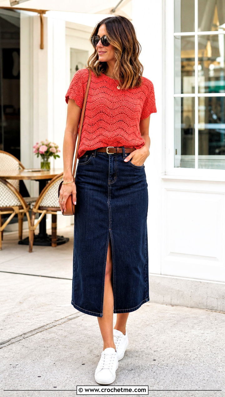 Short Sleeve Ripple Sweater With Denim Midi Skirt - 30 crochet ripple sweater outfit ideas