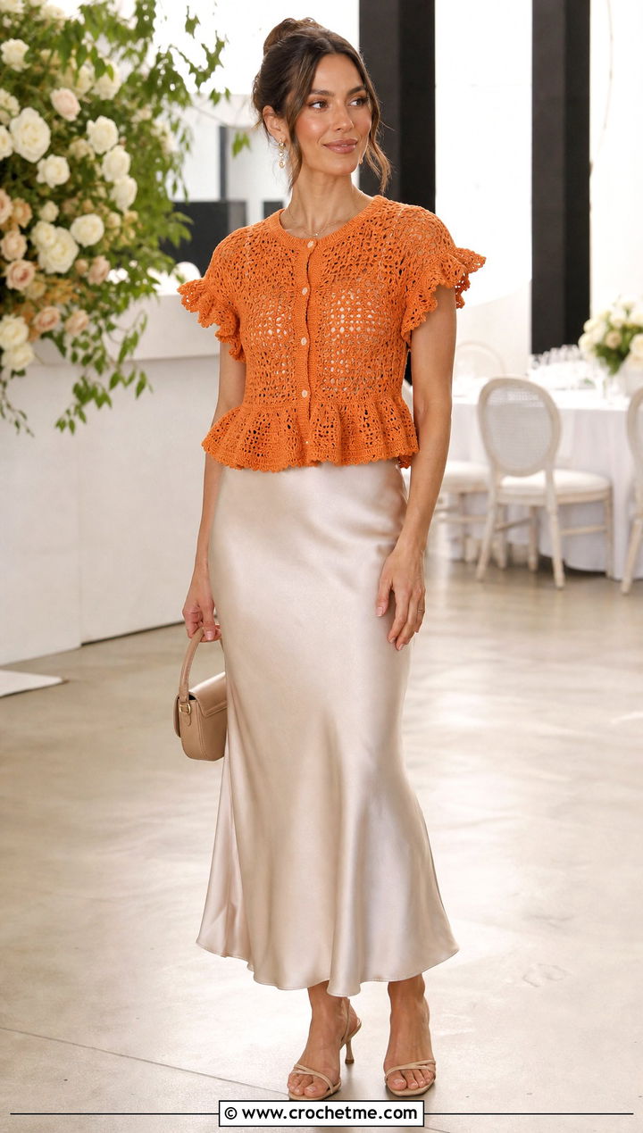 Short Sleeve Ruffle Crochet Peplum Cardigan With Satin Slip Skirt - 25 Crochet Peplum Cardigan outfit ideas