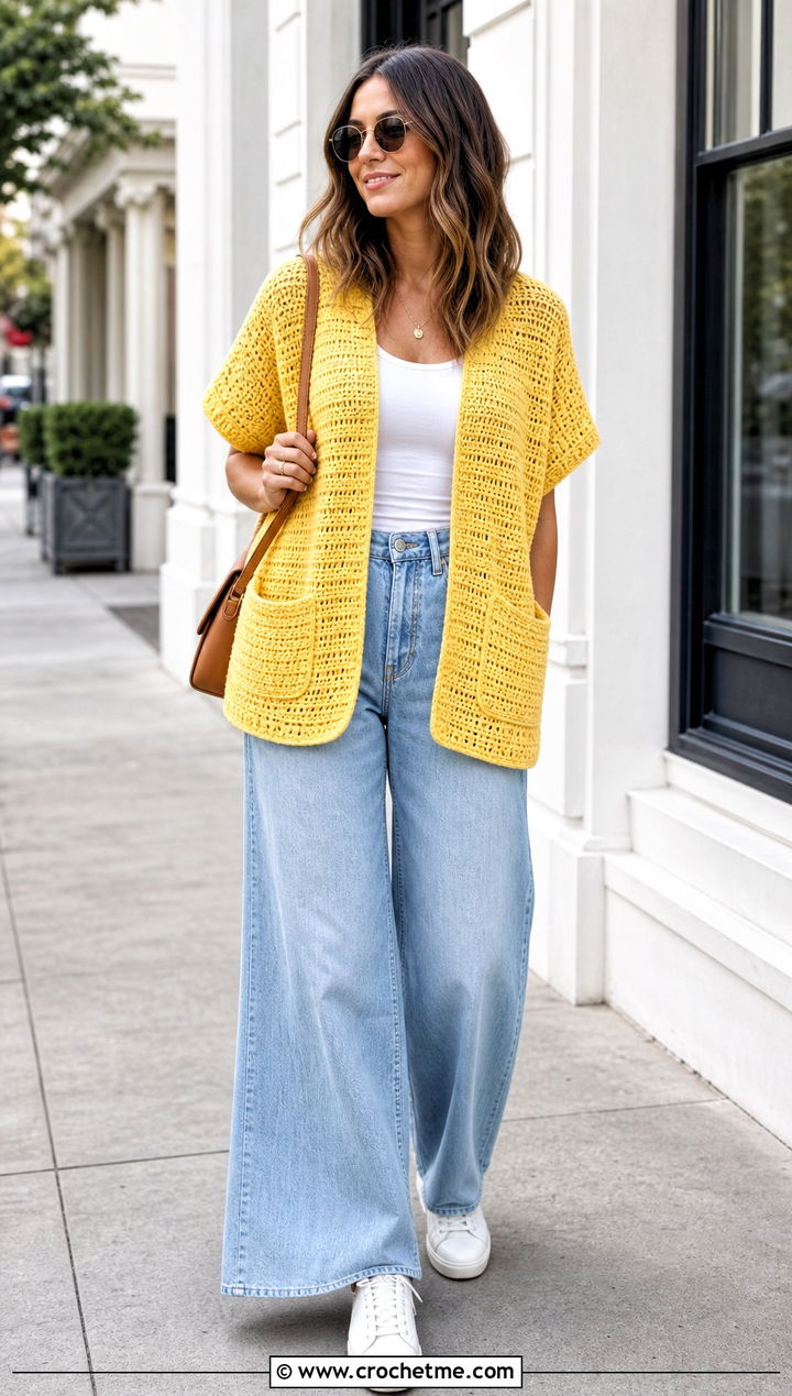 Short Sleeve Sport Weight Crochet Cardigan With Wide Leg Jeans - 20 Crochet Cardigan Sport Weight Yarn outfit ideas