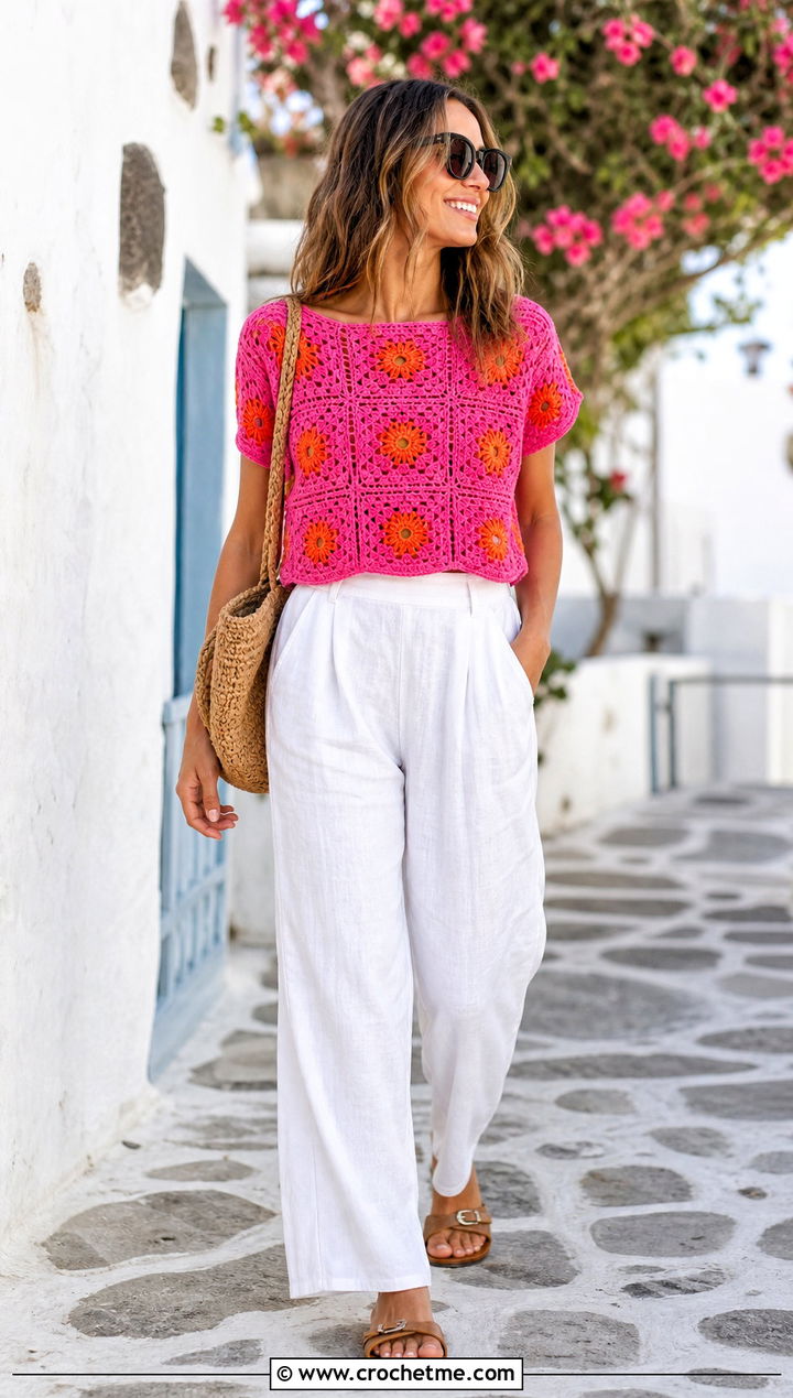 Short Sleeve Square Jumper With Linen Pants - 30 crochet square jumper outfit ideas
