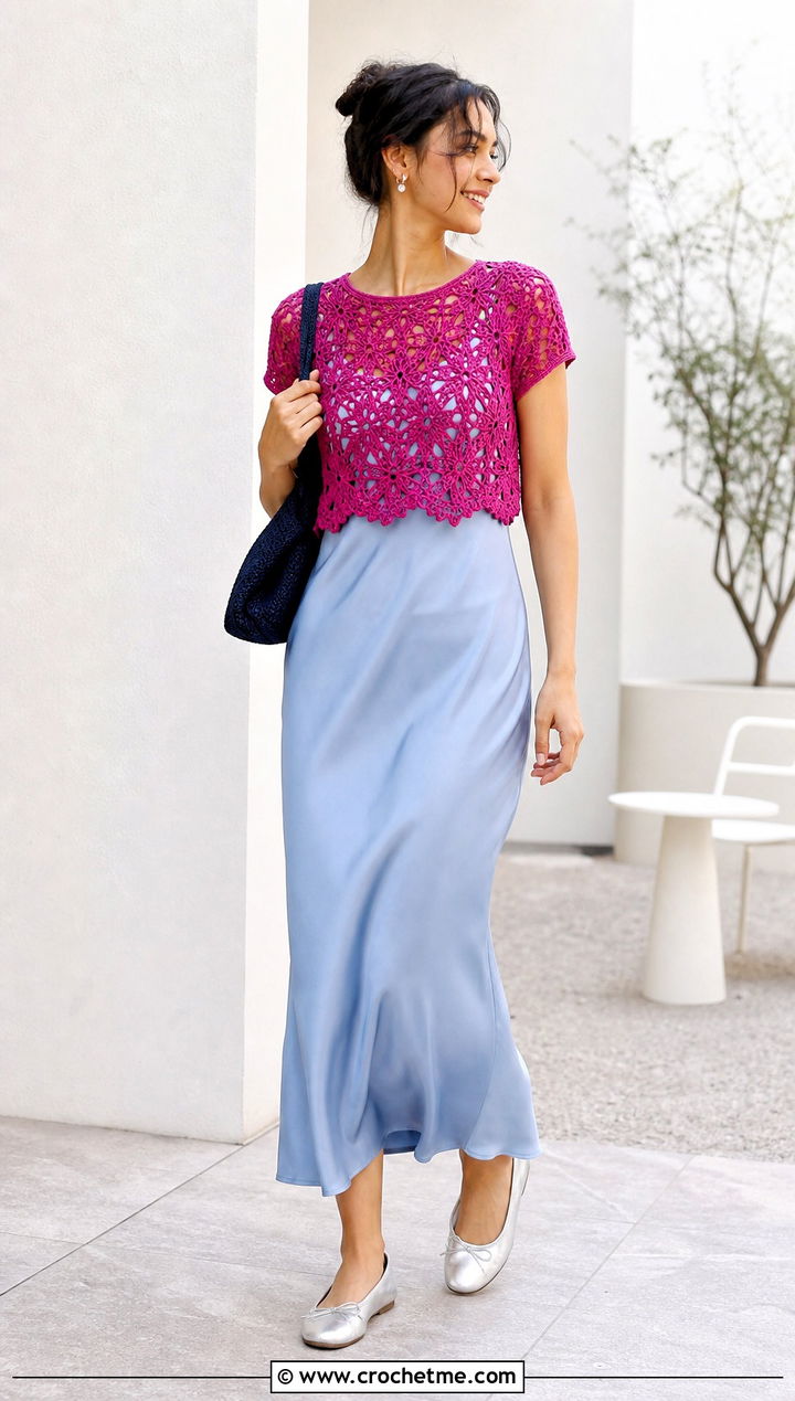 Short Sleeve Star Crochet Overlay Top With Slip Dress - 30 star crochet top outfit ideas