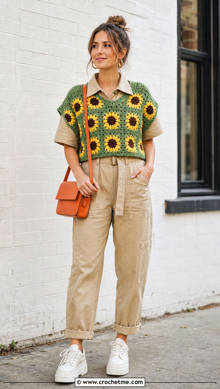 Short Sleeve Sunflower Granny Square Sweater Over Utility Jumpsuit - 30 sunflower granny square sweater outfit ideas
