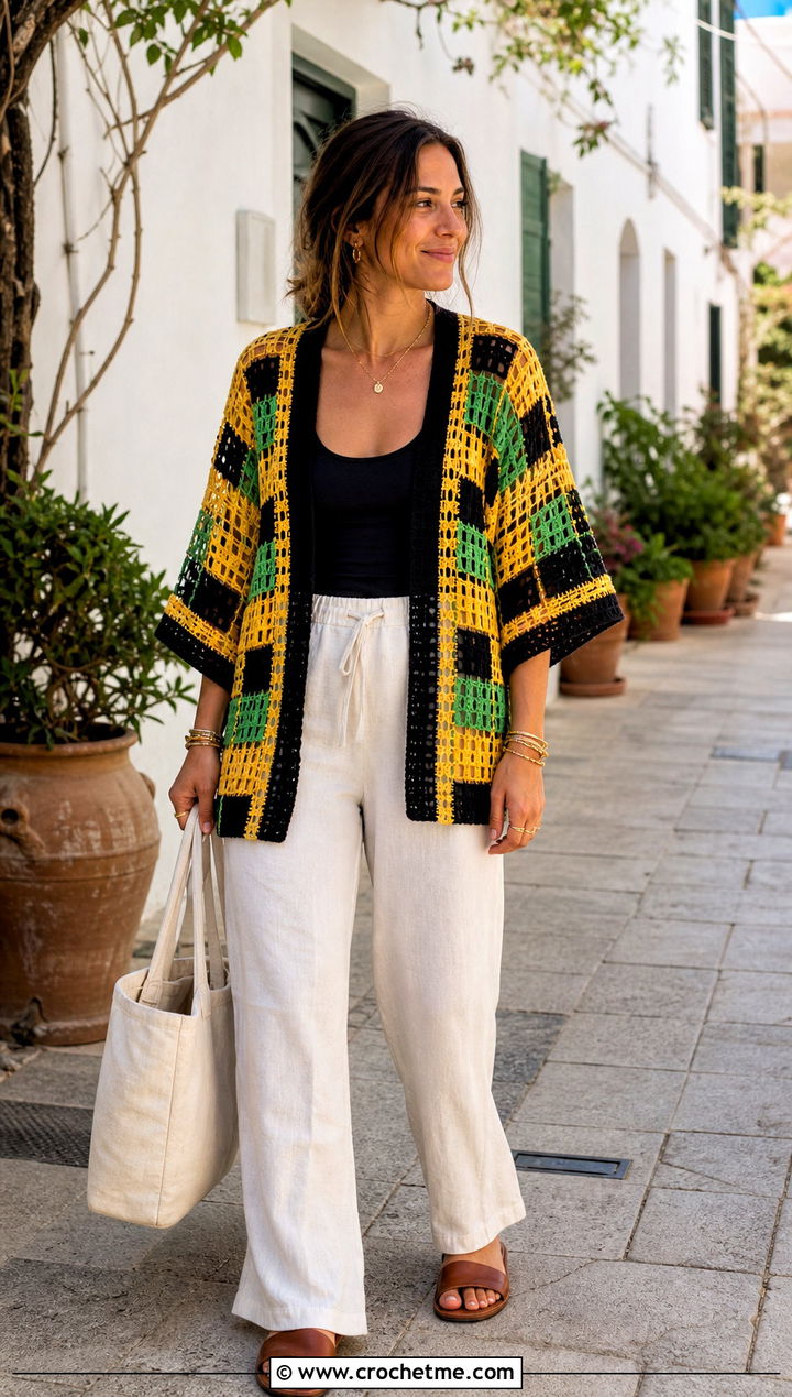 Short Sleeve Tanjiro Crochet Kimono With Linen Pants - 25 tanjiro crochet kimono outfit ideas