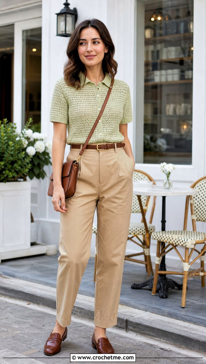 Short Sleeve Top Down Crochet Cardigan With Chino Pants - 30 top down crochet cardigan outfit ideas