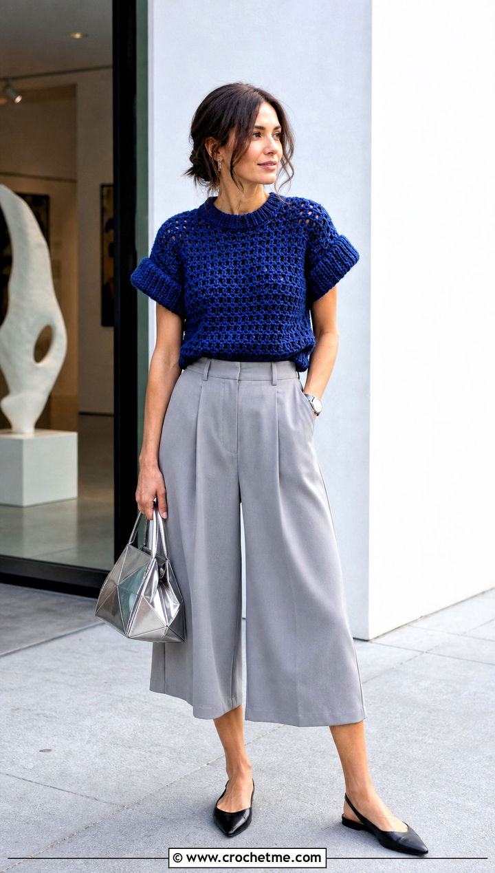 Short Sleeve Velvet Crochet Sweater With Culottes - 30 velvet crochet sweater outfit ideas