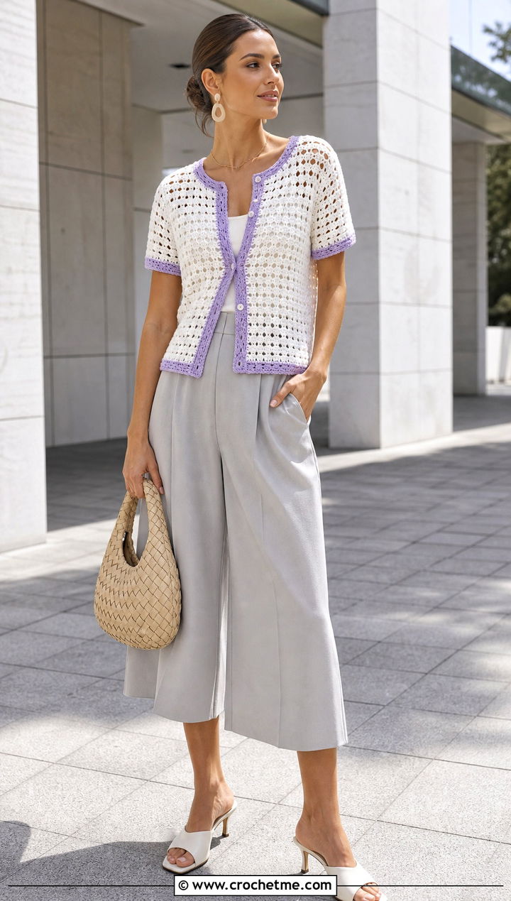 Short Sleeve White Crochet Cardigan With Culottes - 35 crochet white cardigan outfit ideas