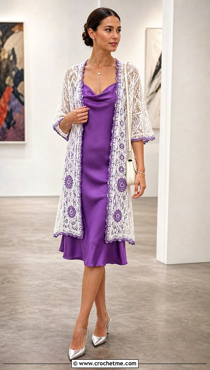 Short Sleeve White Lace Crochet Kimono With Slip Dress - 15 White Crochet Kimono outfit ideas