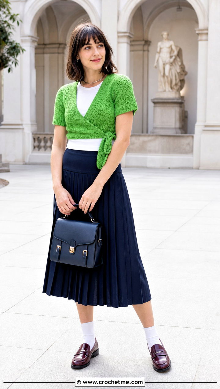 Short Sleeve Wrap Around Shrug With Pleated Skirt - 25 Crochet Wrap Around Shrug outfit ideas
