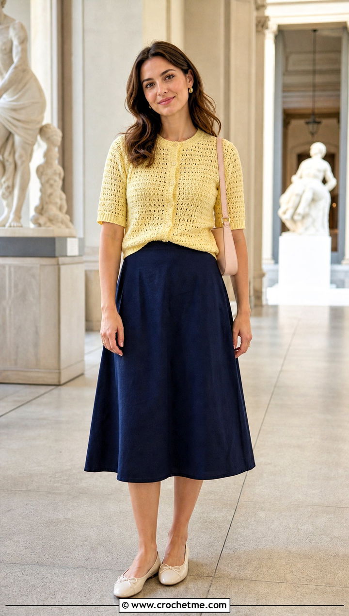 Short Sleeve Yellow Crochet Cardigan With A Line Skirt - 30 yellow crochet cardigan outfit ideas