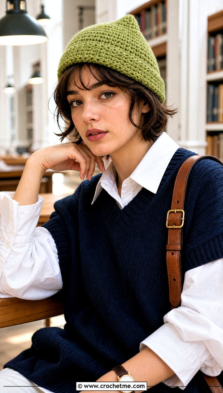 Short Tail Crochet Stocking Hat With Sweater Vest - 25 easy crochet stocking hat outfit ideas