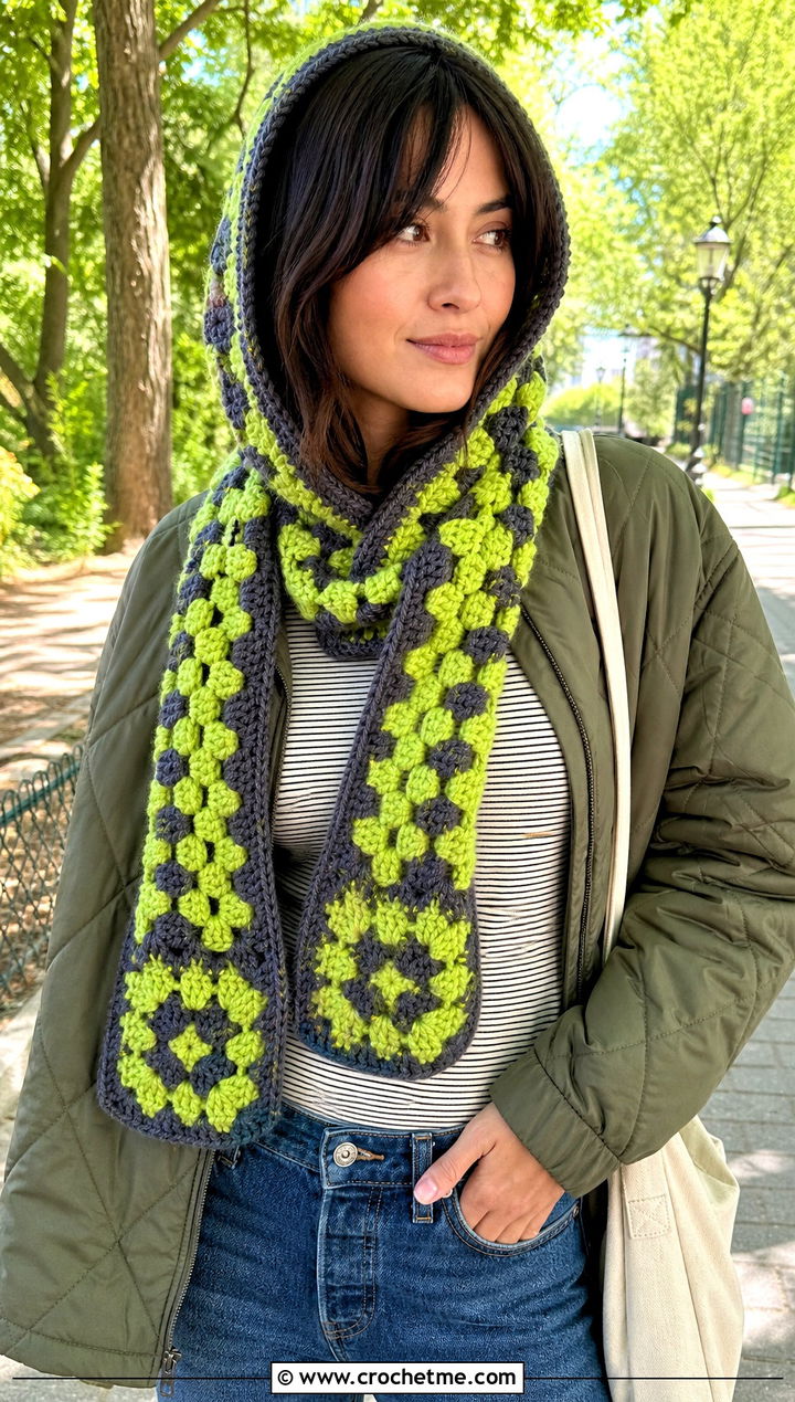 Short Tail Granny Square Crochet Hooded Scarf With Quilted Jacket - 30 Granny Square Crochet Hooded Scarf outfit ideas
