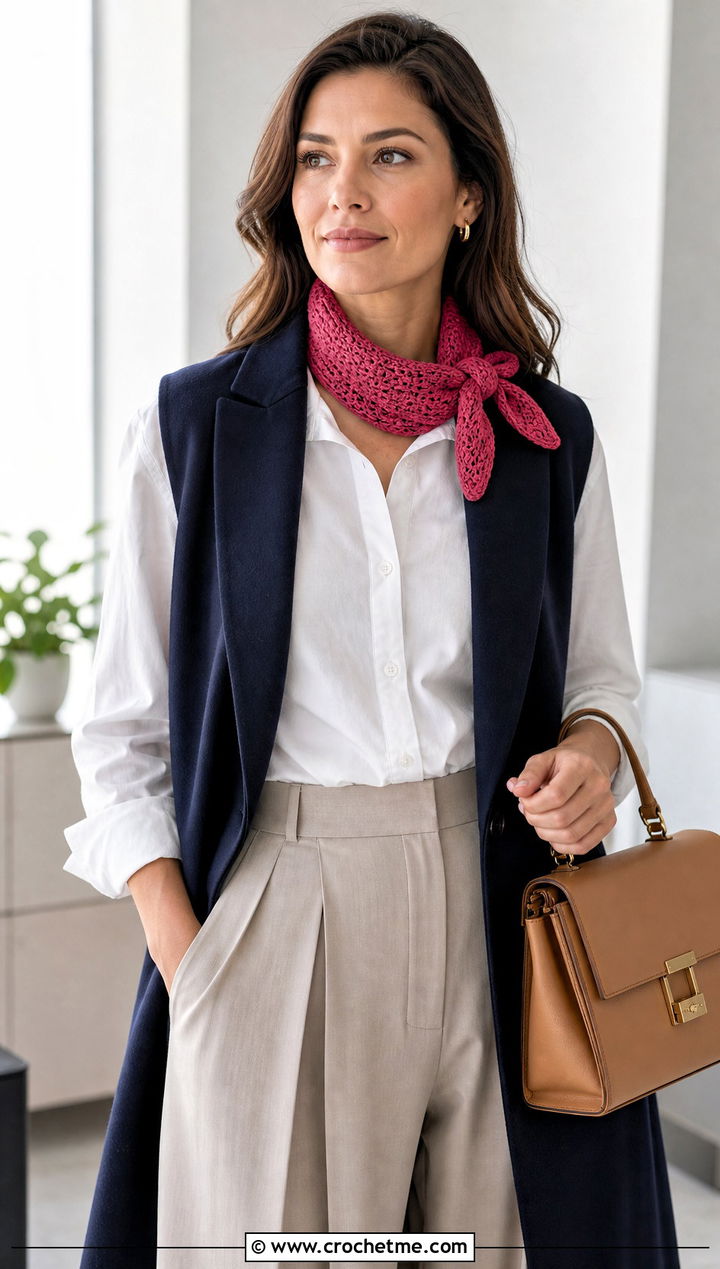 Short Thermal Stitch Crochet Scarf With Button Down Shirt - 20 Thermal Stitch Crochet Scarf outfit ideas