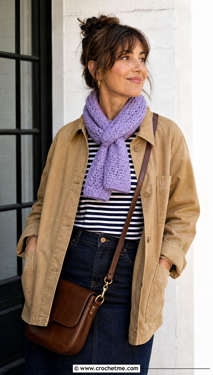 Short Waffle Stitch Crochet Scarf With Chore Jacket - 30 waffle stitch crochet scarf outfit ideas