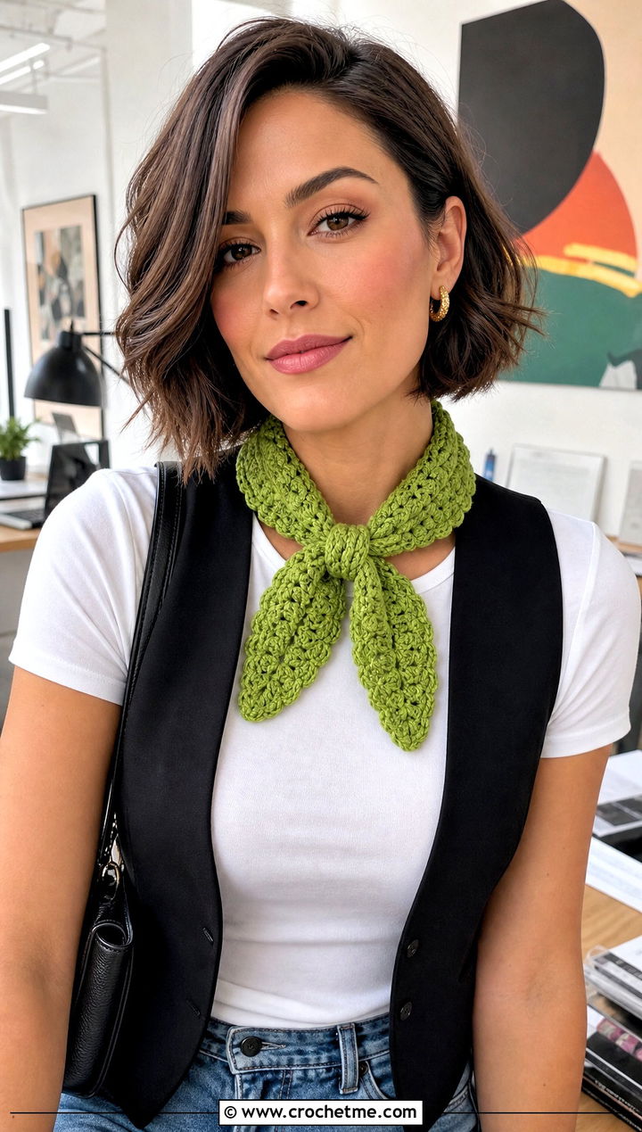 Short Wave Crochet Neck Scarf With Vest and Barrel Jeans - 25 wavy crochet scarf outfit ideas