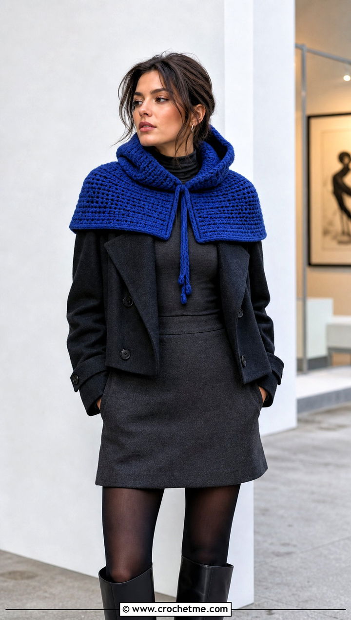 Shoulder Cape Crochet Turtle Neck Hoodie With Mini Skirt - 30 crochet turtle neck hoodie outfit ideas