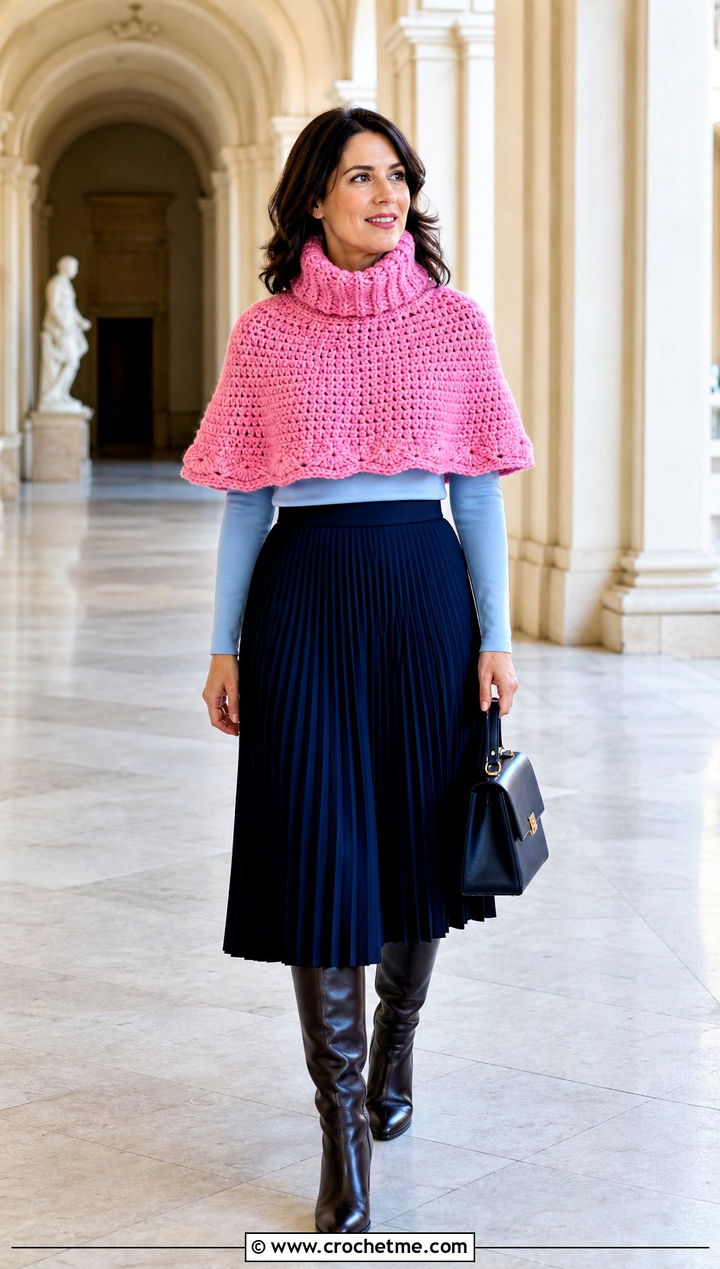 Shoulder Cape Crochet Turtleneck Hoodie With Pleated Midi Skirt - 35 crochet turtleneck hoodie outfit ideas