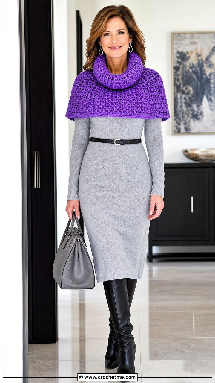Shoulder Capelet Crochet Cowl Neck Warmer With Sweater Dress Outfit - 35 crochet cowl neck warmer outfit ideas
