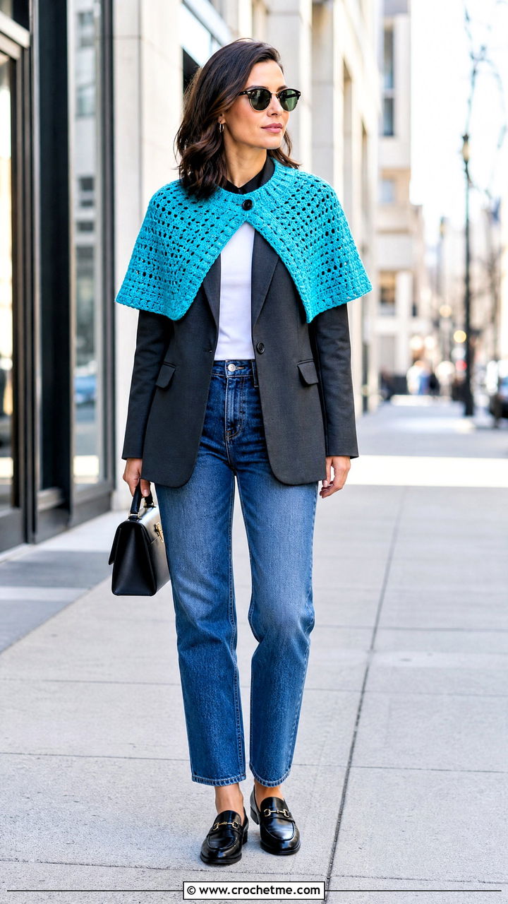 Shoulder Crochet Capelet With A Blazer And Jeans - 35 crochet cape outfit ideas