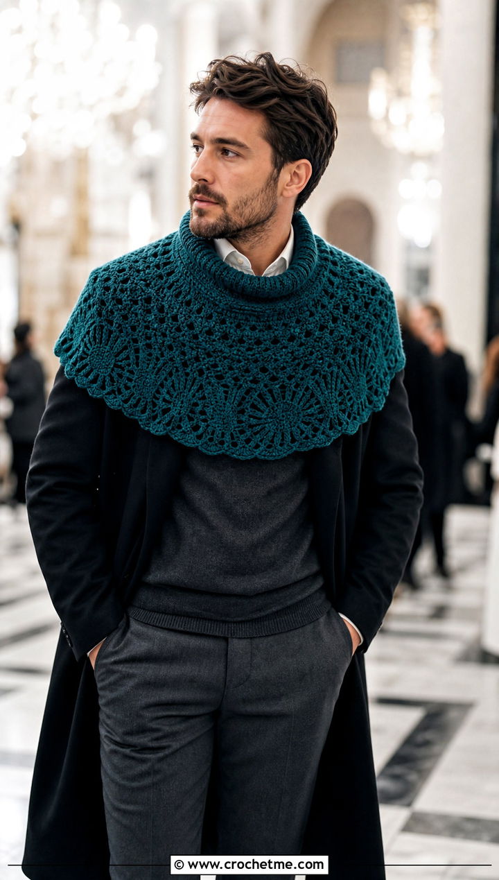 Shoulder Crochet Cowl With Formal Winter Outfit - 30 crochet cowl for men outfit ideas