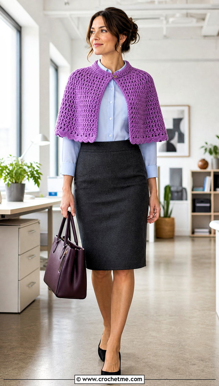Shoulder Crochet Super Hero Capelet With Pencil Skirt - 25 Crochet Super Hero Cape outfit ideas