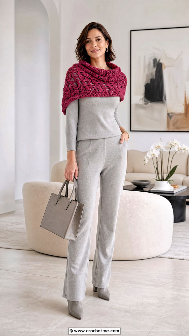 Shoulder Drape Crochet Cowl With Knit Set - 35 crochet cowls outfit ideas