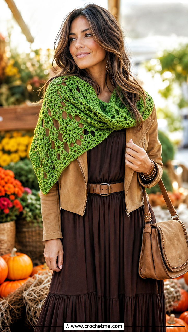 Shoulder Draped Bellflower Infinity Crochet Scarf With Maxi Dress - 15 bellflower infinity crochet scarf outfit ideas