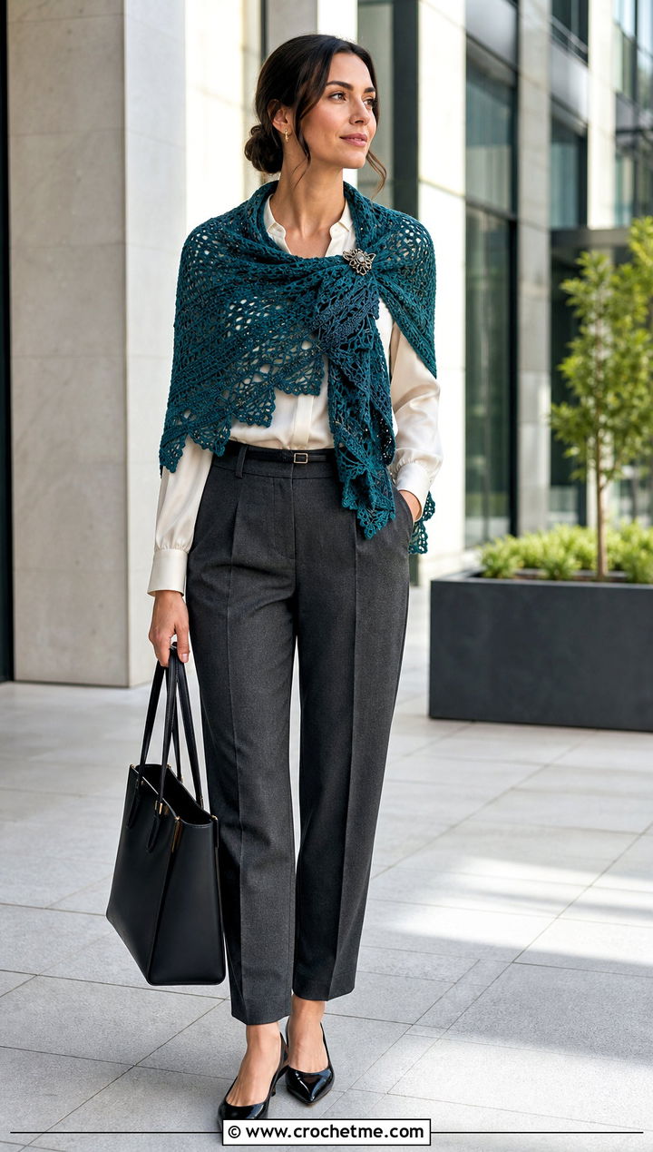 Shoulder Draped Fall River Crochet Shawl With Tailored Trousers - 25 Fall River Crochet Shawl outfit ideas