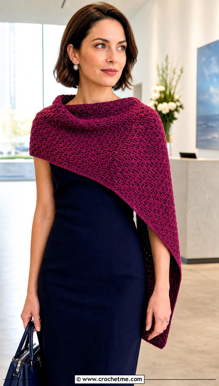 Shoulder Draped Snowfall Crochet Sweater Scarf With Column Dress - 15 Snowfall Crochet Sweater Scarf outfit ideas