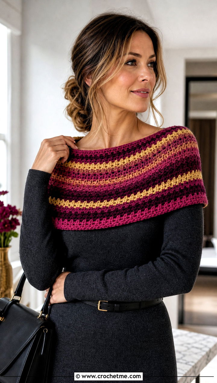 Shoulder Striped Crochet Cowl With Sweater Dress - 15 striped crochet cowl outfit ideas