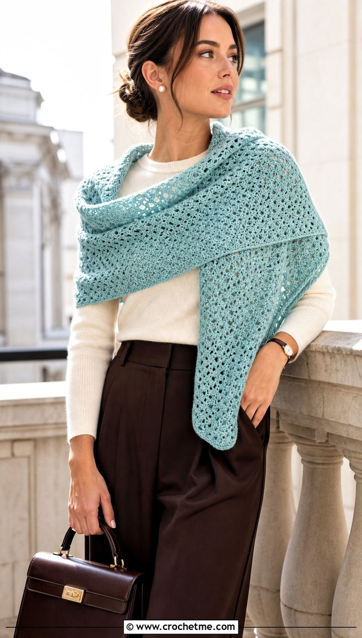 Shoulder Wrap Highlander Shawl With Wide Leg Trousers - 20 Crochet Highlander Shawl outfit ideas