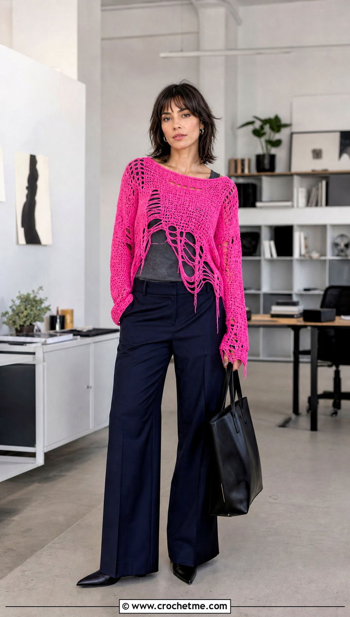 Shredded Hem Crochet Grunge Sweater With Wide Leg Suit Pants - 30 crochet grunge sweater outfit ideas