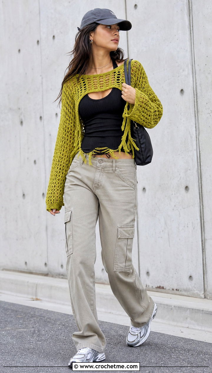 Shredded Hem Crochet Sweater With Cargo Pants - 35 distressed crochet sweater outfit ideas