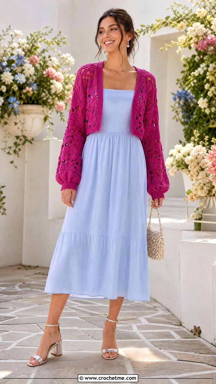 Shrug Boho Crochet Cardigan With Square Neck Dress - 35 Boho Crochet Cardigan outfit ideas
