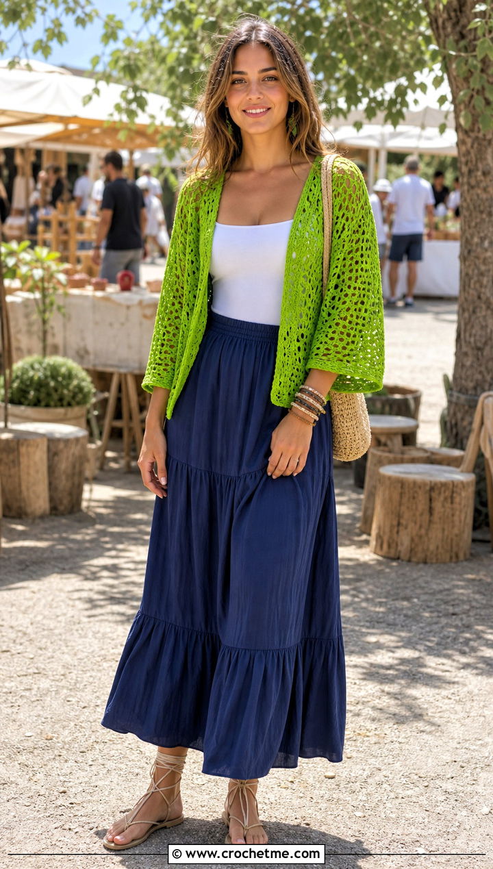 Shrug Crochet Cardigan With Tiered Maxi Skirt - 15 Mid Summer Crochet Cardigan outfit ideas