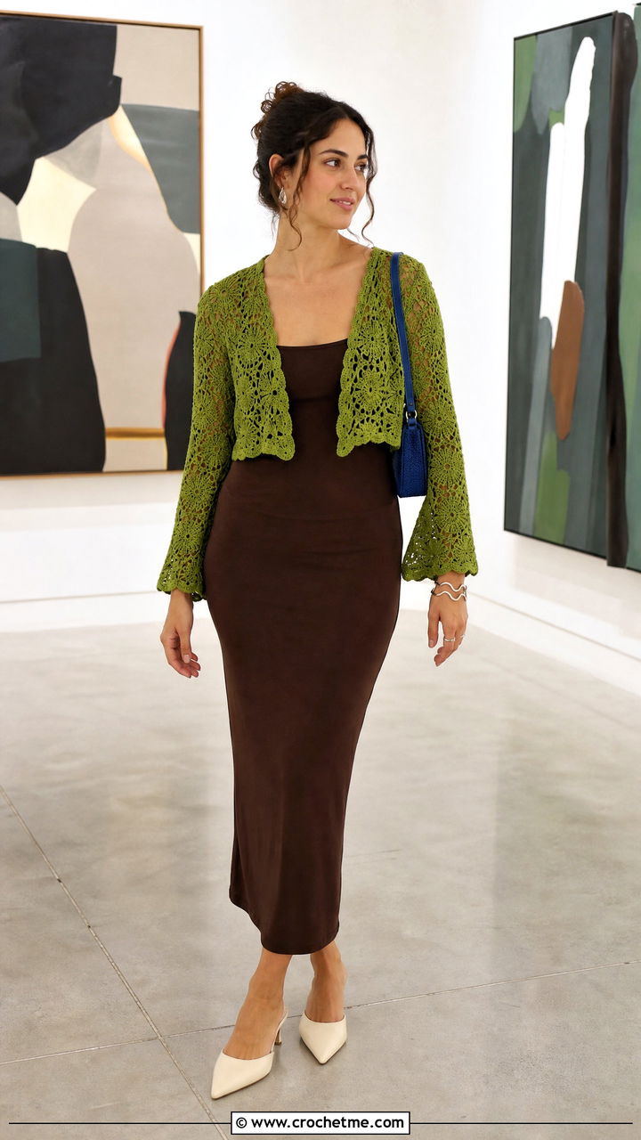 Shrug Green Crochet Cardigan With a Tank Dress - 35 green crochet cardigan outfit ideas