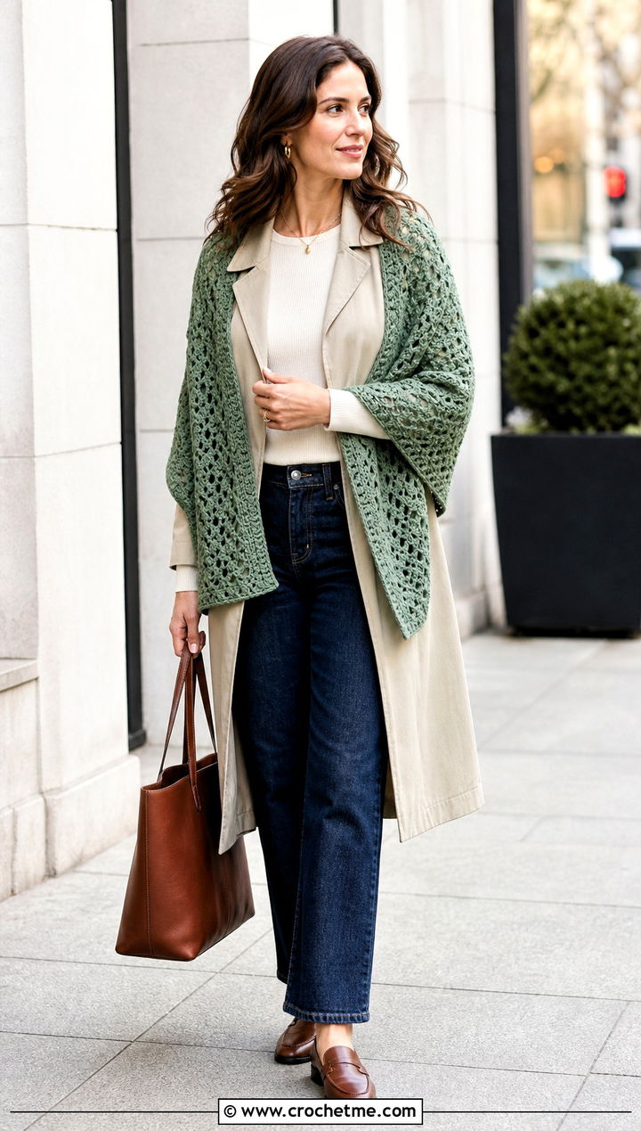 Shrug Scarf Crochet Wrap With Trench Coat - 35 Crochet Wrap Shrug outfit ideas
