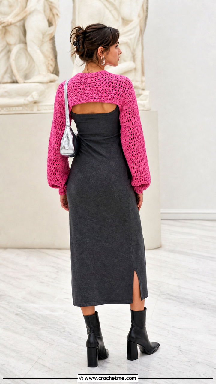 Shrug Style Crochet Cropped Sweater With Tank Dress - 35 crochet cropped sweater outfit ideas