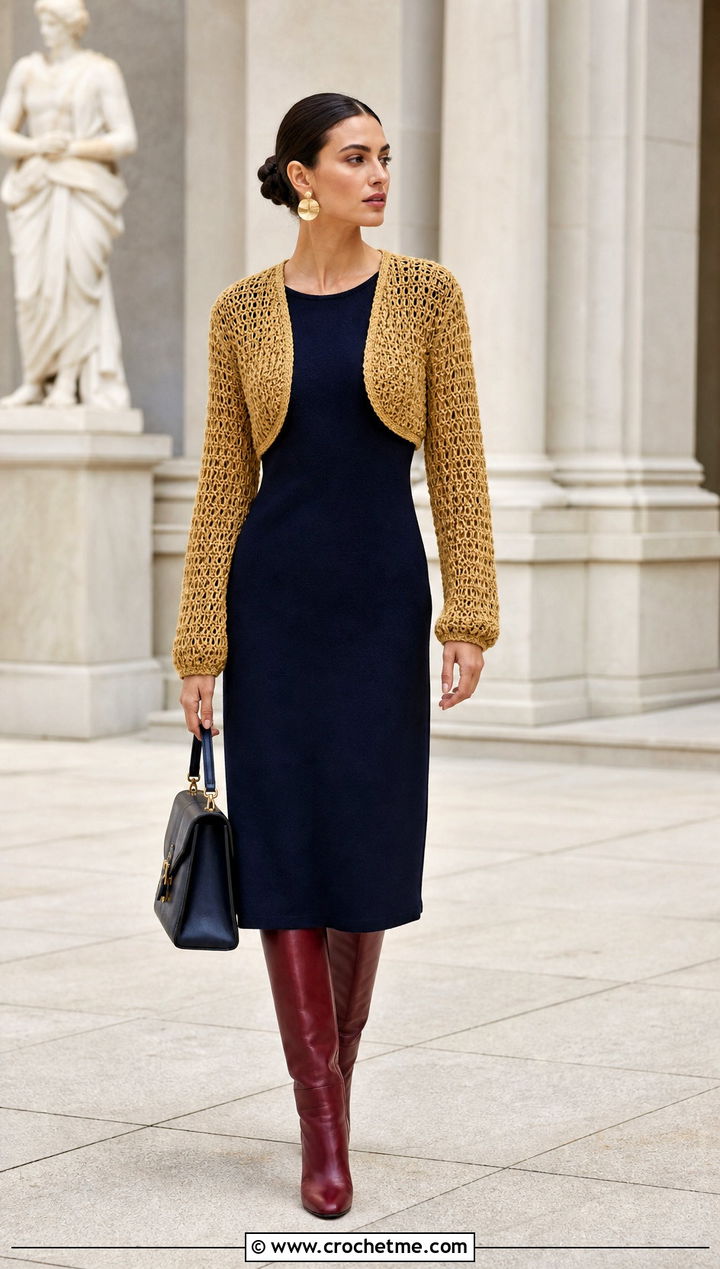 Shrug Style Cropped Crochet Sweater With Column Dress - 35 cropped crochet sweater outfit ideas