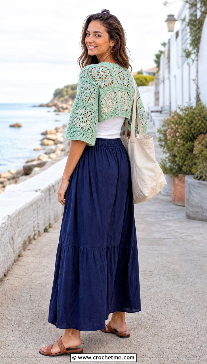 Shrug Style Granny Square Bolero With Tank And Maxi Skirt - 35 granny square bolero outfit ideas