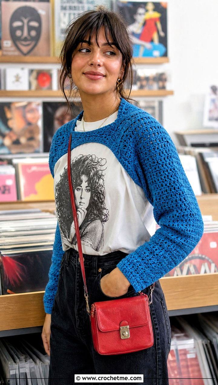 Shrug Style Sleeved Crochet Scarf With Graphic Tee - 25 Sleeved Crochet Scarf outfit ideas