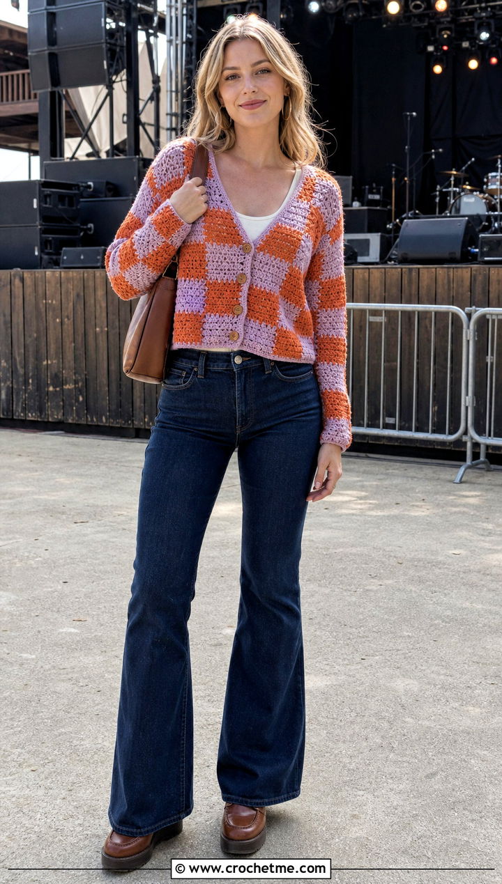 Shrunken Checkered Granny Square Cardigan With Flare Jeans - 25 checkered granny square cardigan outfit ideas