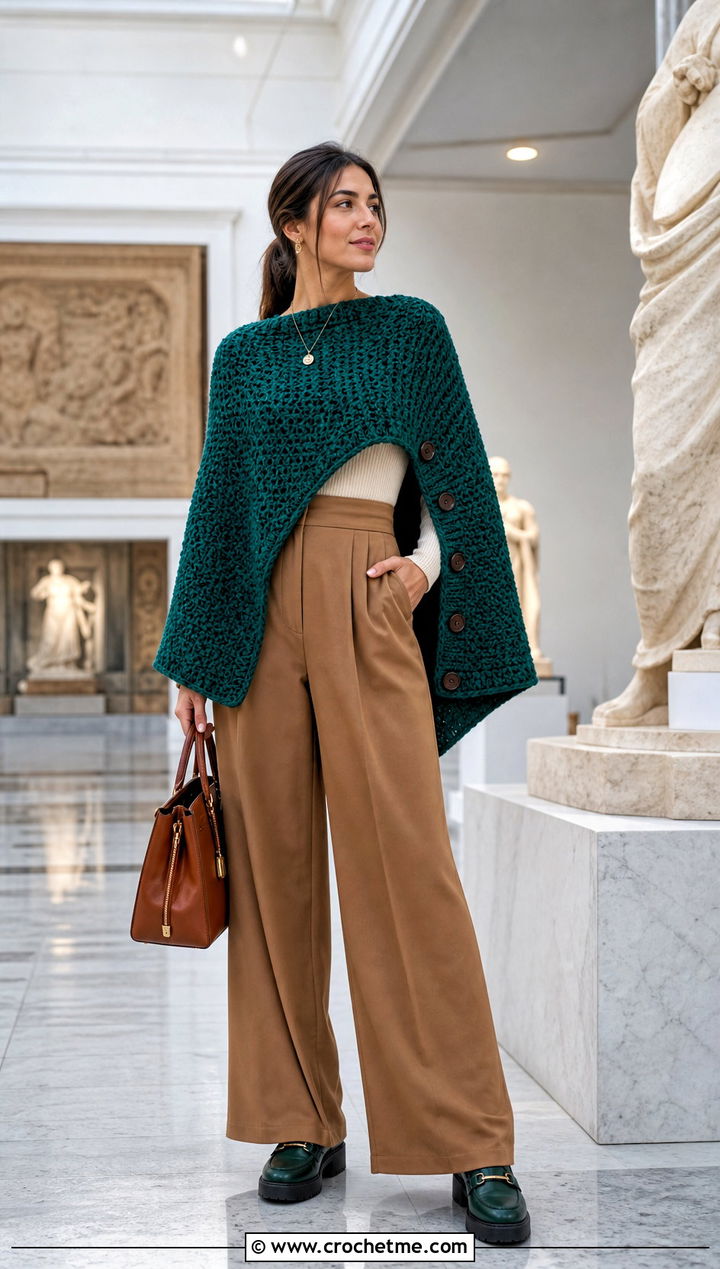 Side Button Chunky Crochet Poncho With Wide Leg Pants - 25 Chunky Yarn Crochet Poncho outfit ideas