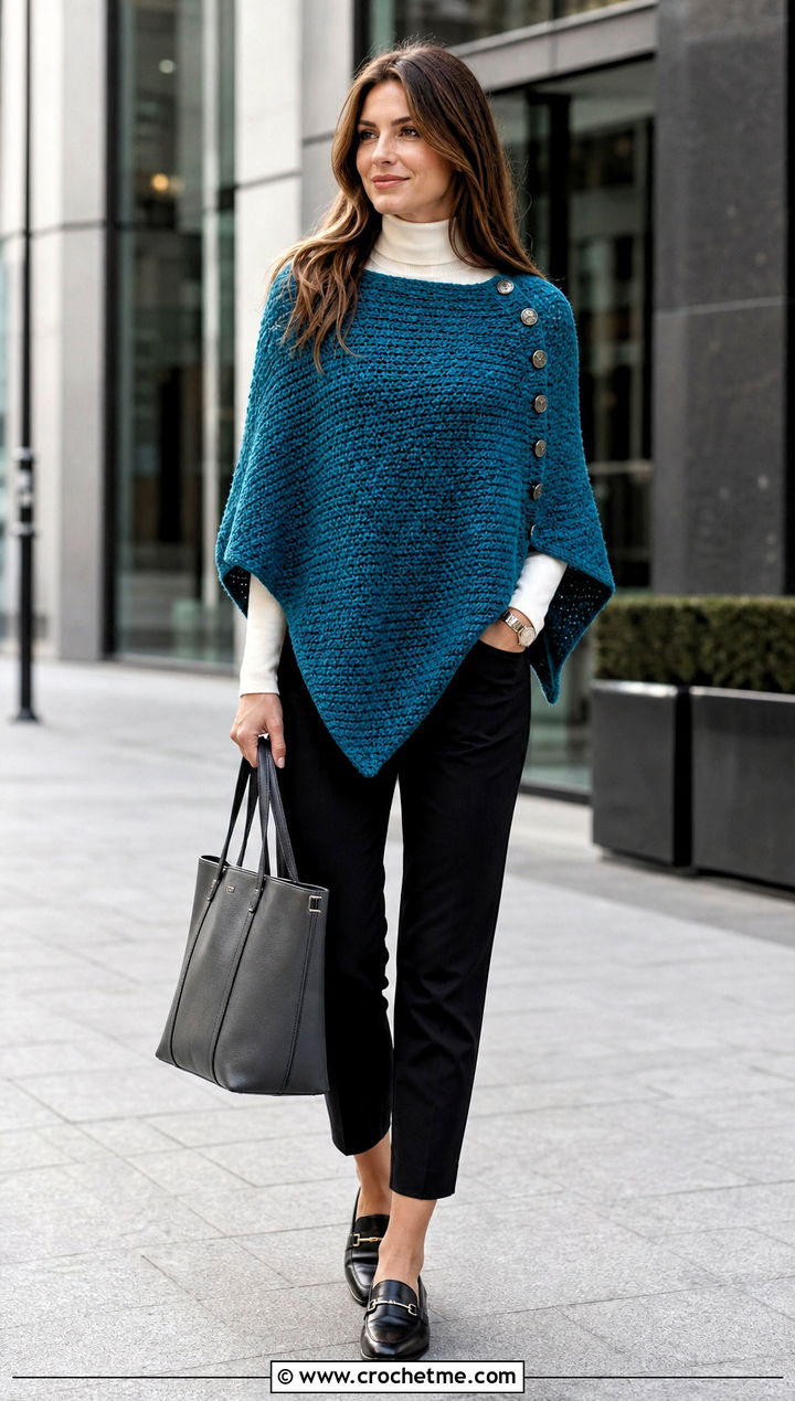 Side Button Crochet Boho Poncho With Cigarette Pants - 30 crochet boho poncho outfit ideas