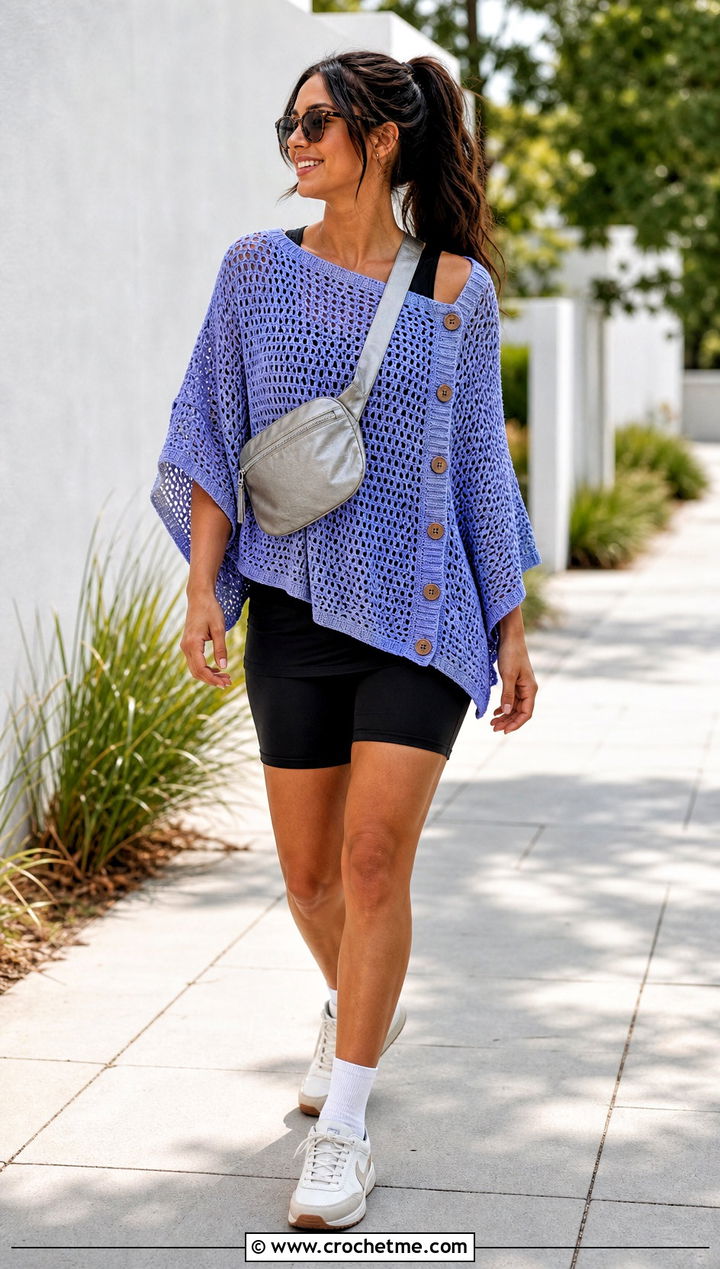 Side Button Crochet Poncho With Bike Shorts - 25 Crochet For Poncho outfit ideas