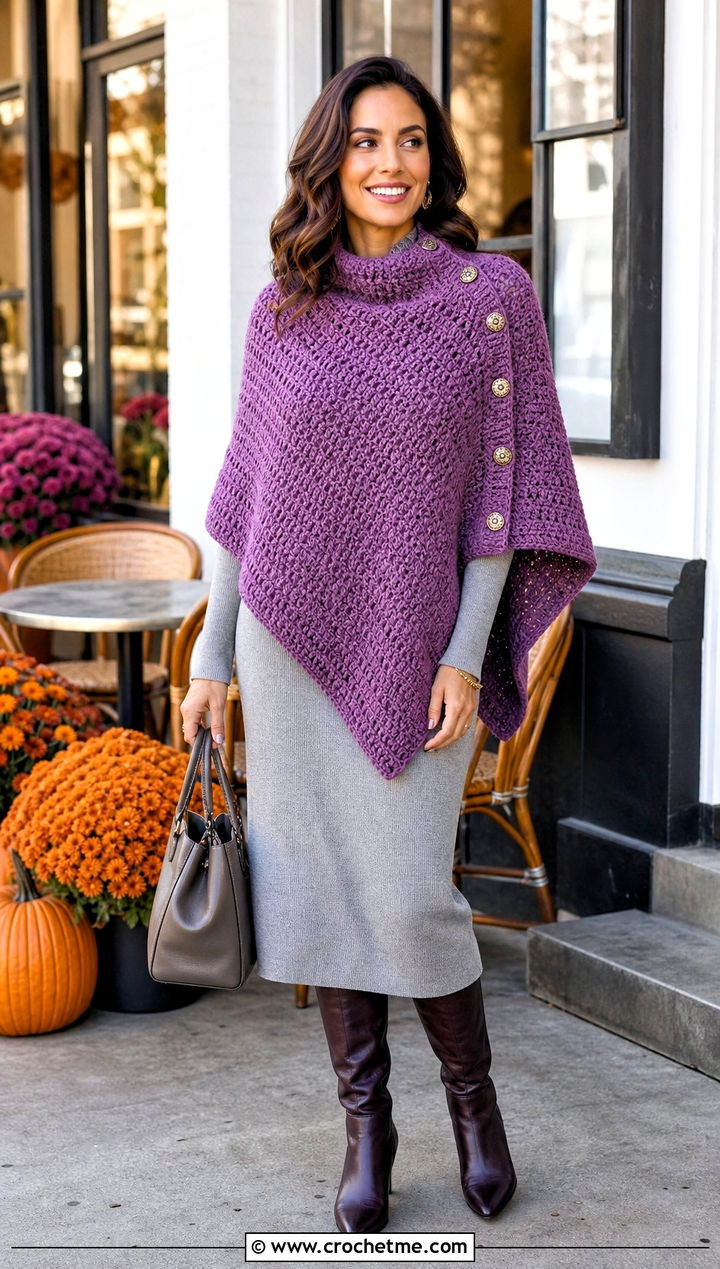Side Button Crochet Poncho With Midi Dress - 20 Easy Crochet Poncho For Beginners outfit ideas