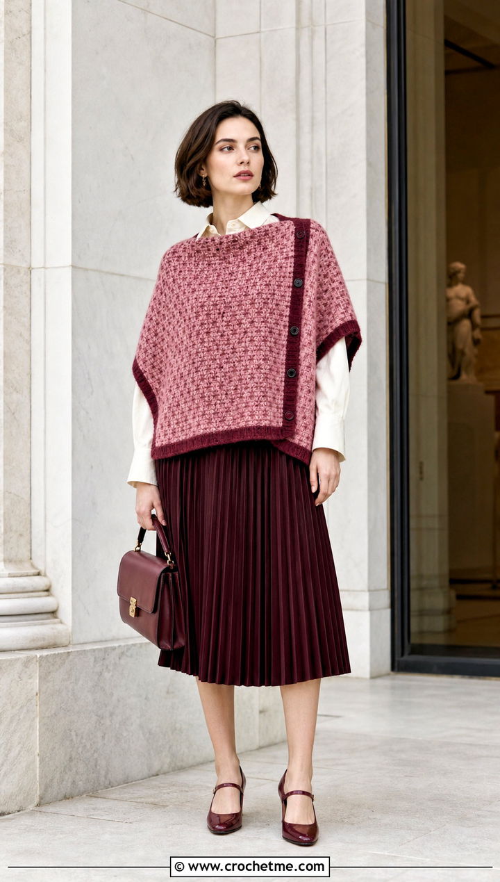 Side Button Mosaic Poncho With Pleated Midi Skirt - 15 Mosaic Crochet Poncho outfit ideas