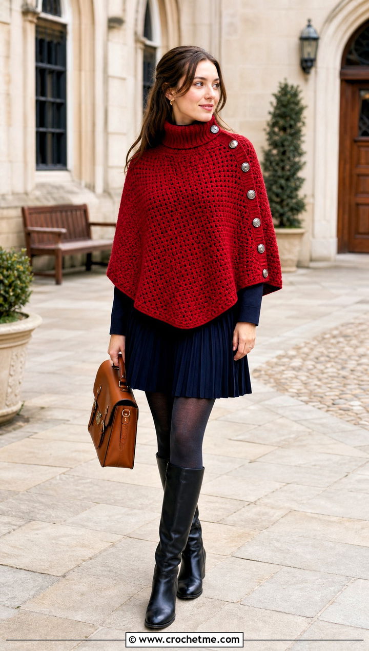 Side Button Turtle Neck Crochet Poncho With A Pleated Mini Skirt - 25 Turtle Neck Crochet Poncho outfit ideas