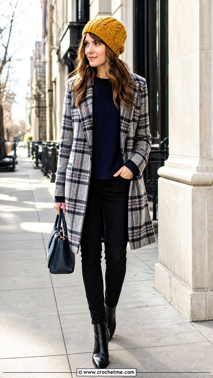 Side Cable Crochet Hat With Plaid Coat And Black Jeans - 35 crochet cable hat outfit ideas