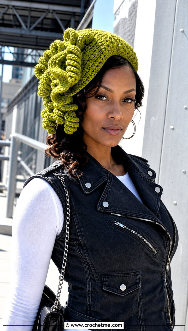 Side Curl Curly Cue Hat With Moto Vest - 25 Crochet Curly Cue Hat outfit ideas